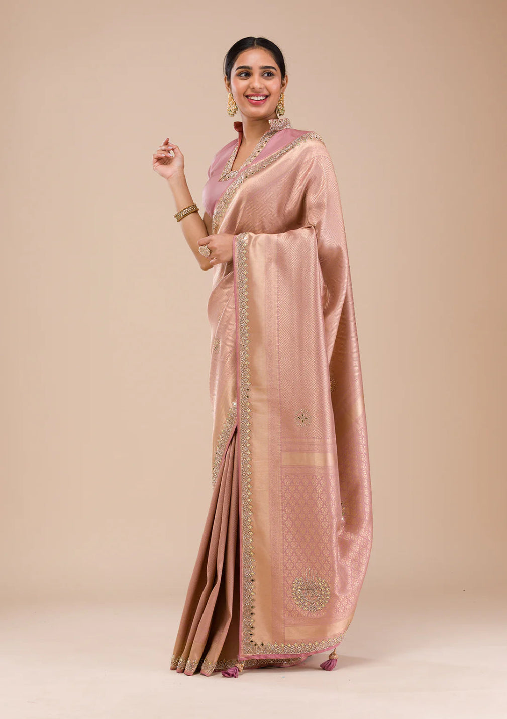 Onion Pink Mirrorwork Silk Saree