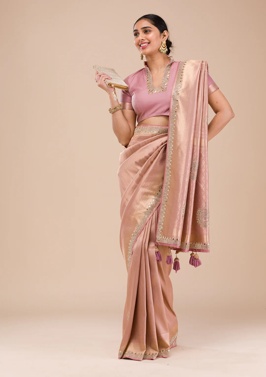 Onion Pink Mirrorwork Silk Saree